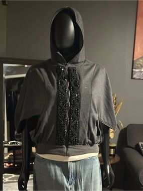 Double Zero Dark Gray Hooded Zip Cape Jacket with Beaded Front